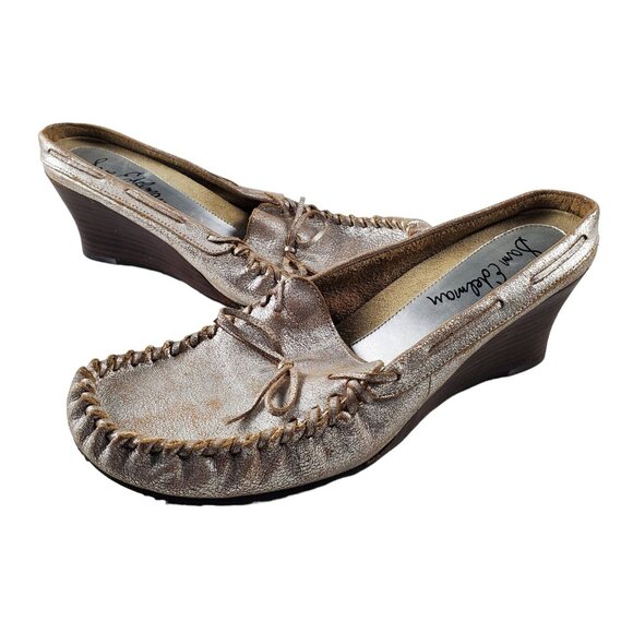 Sam Edelman Women's Metallic Silver Leather Slip On Moccasin Wedge Mule Size 9.5 - Picture 1 of 8